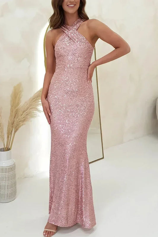 Robe Longue Rose Paillette rose chez robe paillette